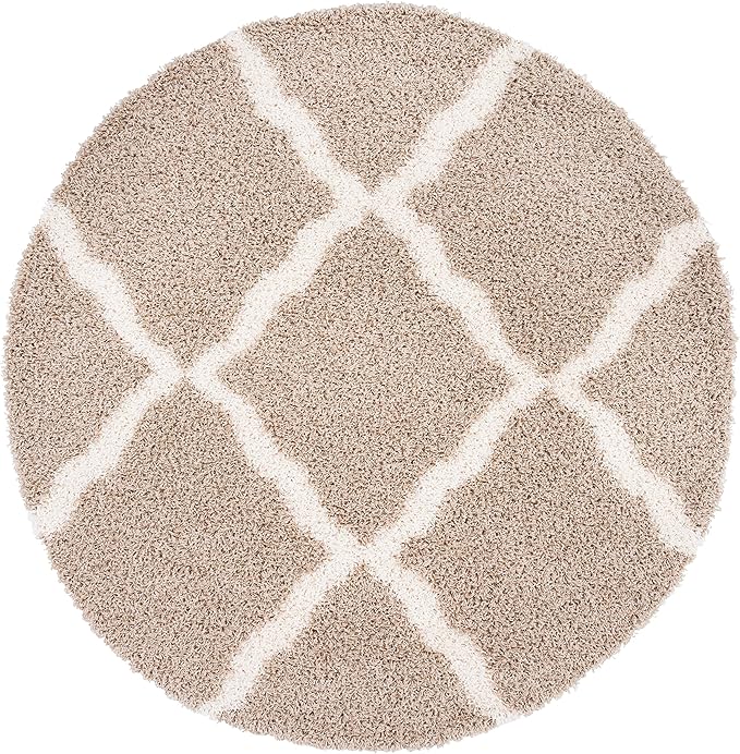 SAFAVIEH Dallas Shag Collection Area Rug - 4' Round, Beige & Ivory, Trellis Design, Non-Shedding & Easy Care, 1.5-inch Thick Ideal for High Traffic Areas in Living Room, Bedroom (SGD257D)