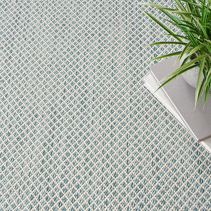 Nourison Home Courtyard Ivory Aqua 5' x Square Area Rug - Easy Clean, Non Shedding, Bed Room, Living Room, Dining Room, Kitchen (5' x Square)
