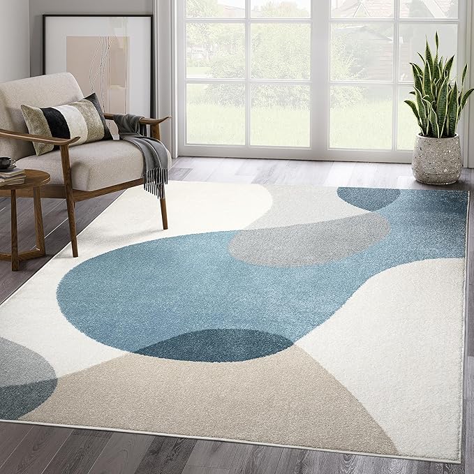 Abani Deco Collection Area Rug - Cream/Blue Mid-Century Design -5'3" x 7'6"(5'x8') - Easy to Clean - Durable for Kids and Pets - Non-Shedding - Medium Pile - for Living Room, Bedroom & Office