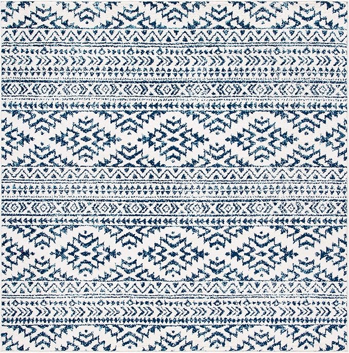 SAFAVIEH Tulum Collection Area Rug - 6'7" Square, Ivory & Navy, Moroccan Boho Tribal Design, Non-Shedding & Easy to Clean, Ideal for Living Room, Bedroom, Dining Space (TUL272D)
