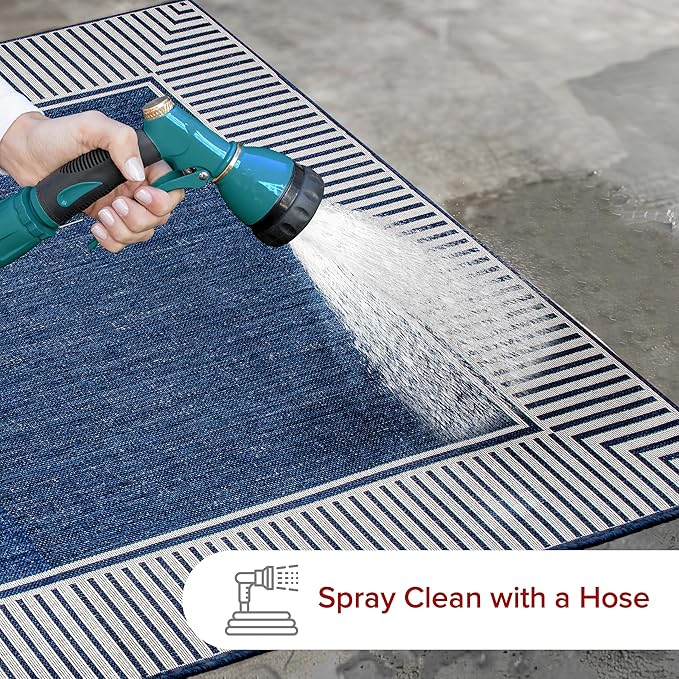 Nuloom Asha Navy/Ivory, 8' Square, Casual, Striped Border, Soft and Cozy, High Traffic, Stain Resistant, Easy Clean, Durable Area Rug for Indoor/Outdoor Patio, Deck, Porch, Garden, Courtyard