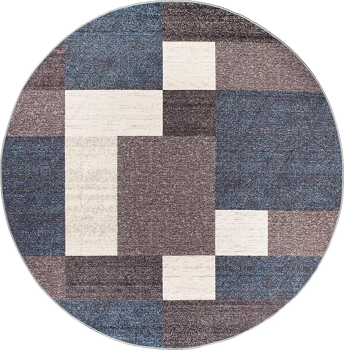 Rugshop Modern Boxes Design Non-Slip (Non-Skid) Round Area Rug for Living Room, Entryway,Kitchen,Breakfast Nook 8' Blue