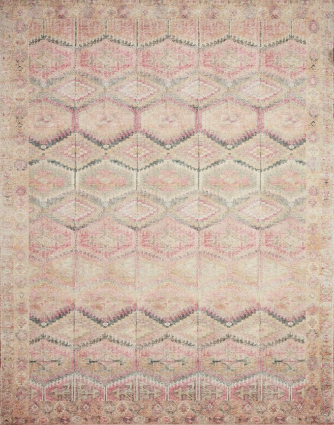 Loloi Layla Collection LAY-17 Pink/Lagoon 2'-3" x 3'-9" .13" Thick Accent Rug, Soft, Durable, Vintage Inspired, Distressed, Low Pile, Non-Shedding, Easy Clean, Printed, Living Room Rug