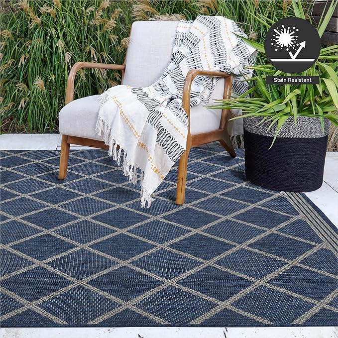FH Home Flat Woven Outdoor Rug - Waterproof, Easy to Clean, Stain resistant - Premium Polypropylene Yarn - Moroccan Geometric Lattice - Large Patio, Deck, Sunroom - Tunis - Blue - 7ft 10 in x 10ft 9in