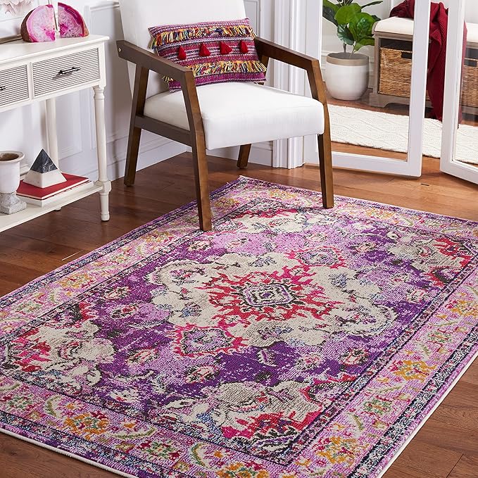 SAFAVIEH Monaco Collection Area Rug - 6'7" x 9'2", Violet & Fuchsia, Boho Chic Medallion Distressed Design, Non-Shedding & Easy Care, Ideal for High Traffic Areas in Living Room, Bedroom (MNC243P)