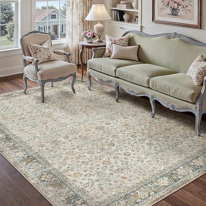 Beige Area Rug 6x9 Living Room Machine Washable Vintage Carpet Non Slip Indoor Retro Traditional Accent Throw Large Rug for Office Bedroom Dining Room Playroom