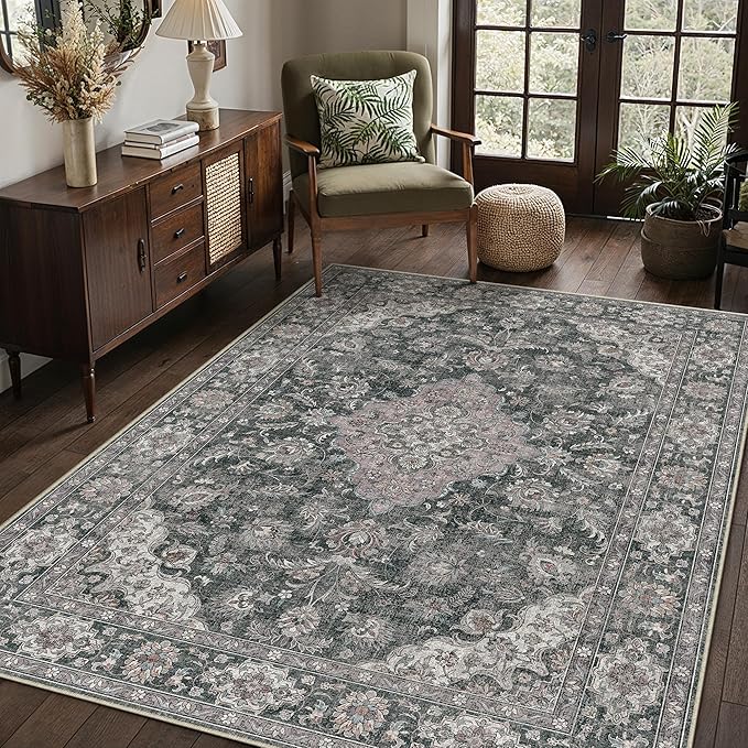 HUGEAR Retro Black Area Rug 5x7 Machine Washable Living Room Rugs Distressed Vintage Floral Low Pile Carpet Bedroom Office Dining Room Laundry Room Non Slip Soft Lightweight