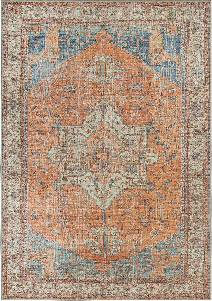GLN Rugs Traditional Collection - Machine Washable Area Rug, Traditional Washable, Non Slip, Low Pile Chenille Rug, Living Room, Bedroom, Kitchen Rug (4' x 6' Terra/Multicolor)