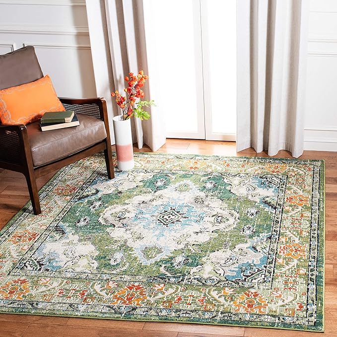 SAFAVIEH Monaco Collection Area Rug - 5' Square, Forest Green & Light Blue, Medallion Distressed Design, Non-Shedding & Easy Care, Ideal for High Traffic Areas in Living Room, Bedroom (MNC243F)