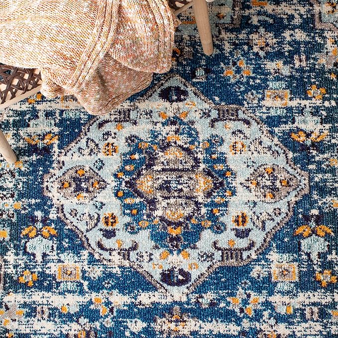 SAFAVIEH Madison Collection Area Rug - 10' x 14', Navy & Beige, Boho Diamond Distressed Design, Non-Shedding & Easy Care, Ideal for High Traffic Areas in Living Room, Bedroom (MAD418M)
