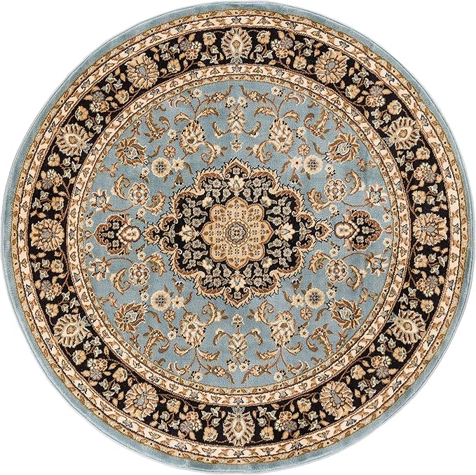 Well Woven Barclay Collection Medallion Kashan Light Blue 8 ft Round Rug - for Living Room, Bedroom, and Dining Room
