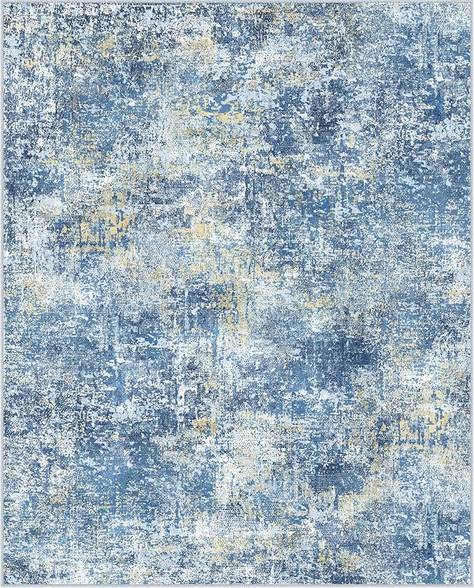 Bavni 6x9 Area Rugs Machine Washable Rug for Living Room, Modern Printed Rug Indoor Soft Area Rug for Bedroom Dining Room, Ultra-Thin Low Pile Carpet with Non Slip Rubber Backing, Denim Blue