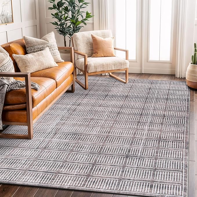 Rugshop Bohemian Stripe Lines Washable Non Slip Area Rug 5' x 7' Brown
