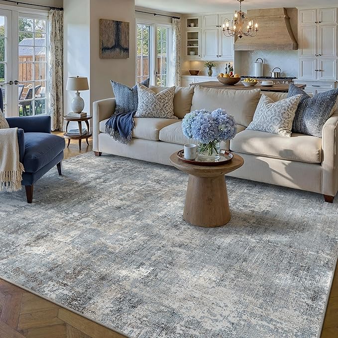 Machine Washable Area Rug 8x10 Grey Large Living Room Indoor Accent Rug Neutral Modern Abstract Low Pile Carpet Non Slip Distressed Throw Rug Bedroom Office Dining Room
