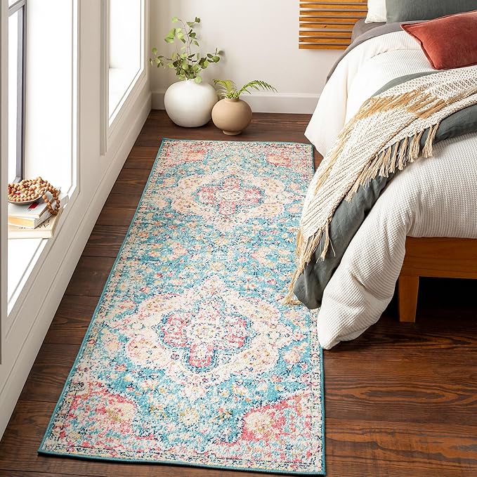 Livabliss Area Rugs - 3x7 Romaine Vintage Boho Navy Sky Blue Rose Runner Area Rug for Living Room Bedroom - Floral Medallion Stain Resistant Carpet for Kitchen, Nursery, Office (2'7" x 7'6", Runner)