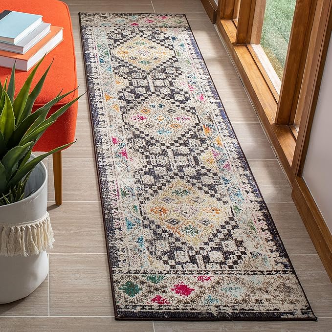 SAFAVIEH Madison Collection Runner Rug - 2'2" x 10', Black & Yellow, Boho Diamond Distressed Design, Non-Shedding & Easy Care, Ideal for High Traffic Areas in Living Room, Bedroom (MAD418Z)