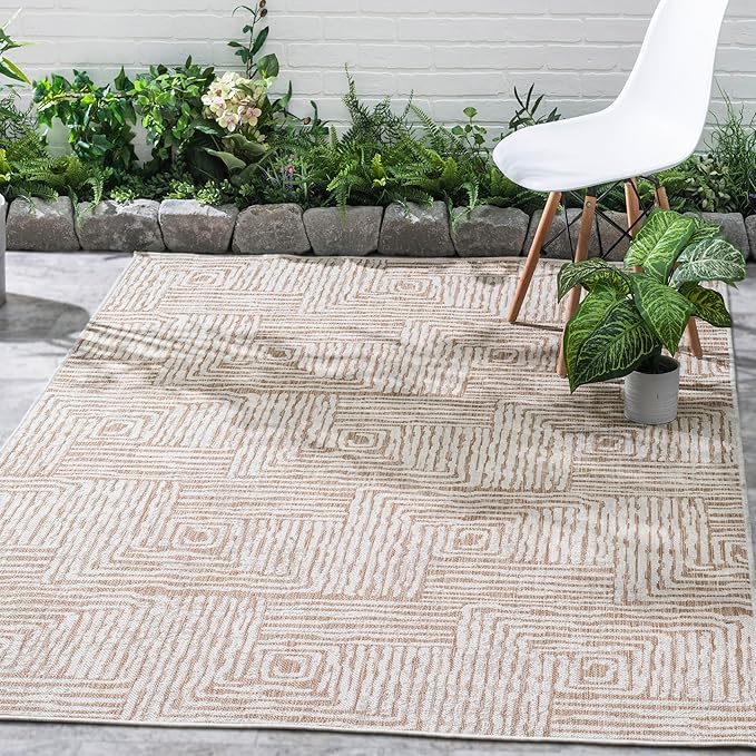 FH Home Flat Woven Outdoor Rug - Waterproof, Easy to Clean, Stain Resistant - Premium Polypropylene Yarn - Modern Geometric - Patio, Deck, Porch, Balcony - Budapest - Beige - 2ft 7in x 4ft 11in