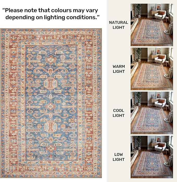 GLN Rugs Traditional Collection - Machine Washable Area Rug, Traditional Washable, Non Slip, Low Pile Chenille Rug, Living Room, Bedroom, Kitchen Rug (6' x 9' Terra/Slate Blue)