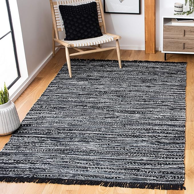 SAFAVIEH Rag Rug Collection Area Rug - 8' x 10', Black, Handmade Boho Stripe Cotton, Ideal for High Traffic Areas in Living Room, Bedroom (RAR121Z)