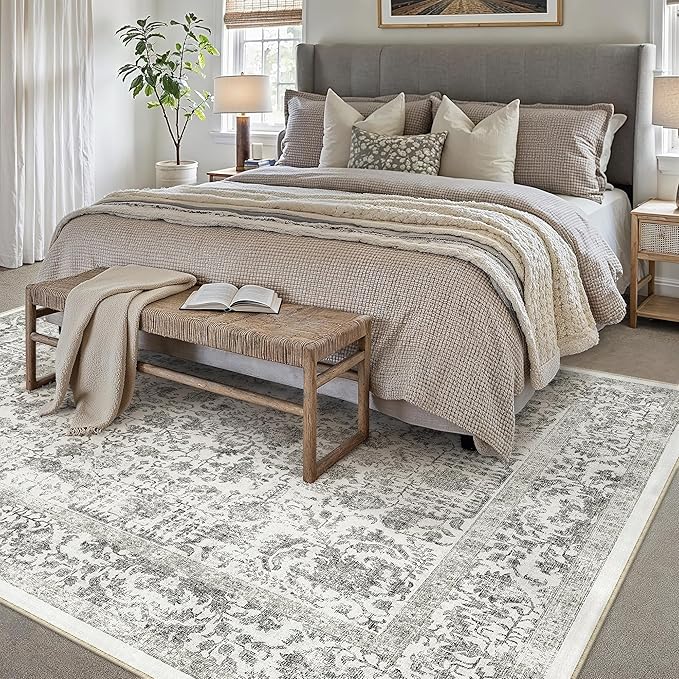 Black Area Rug 9x12 Machine Washable Large Vintage Living Room Distressed Non Slip Carpet Traditional Indoor Bedroom Retro Floral Accent Throw Rug for Office Kitchen Dining Room