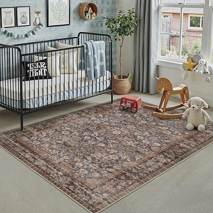 HUGEAR 3x5 Machine Washable Rugs Tradition Brown Hallway Area Rug Indoor Accent Rug Floral Low Pile Carpet Soft Throw Rug Bedroom Living Room Office Dining Room Kitchen Laundry Room Non Slip