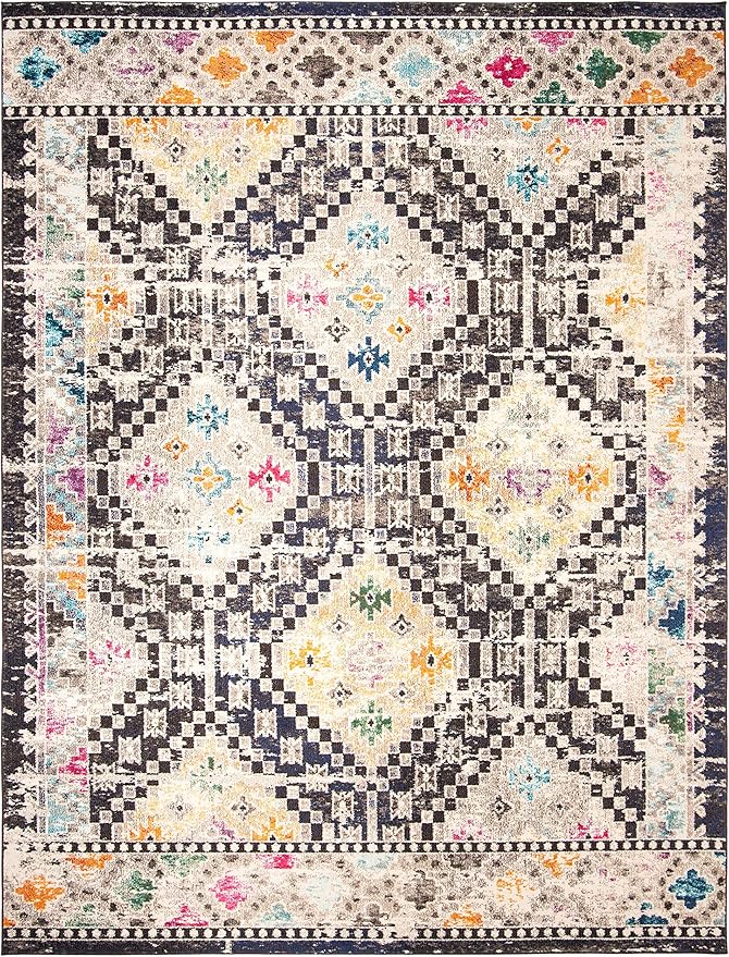 SAFAVIEH Madison Collection Area Rug - 9' x 12', Black & Yellow, Boho Diamond Distressed Design, Non-Shedding & Easy Care, Ideal for High Traffic Areas in Living Room, Bedroom (MAD418Z)