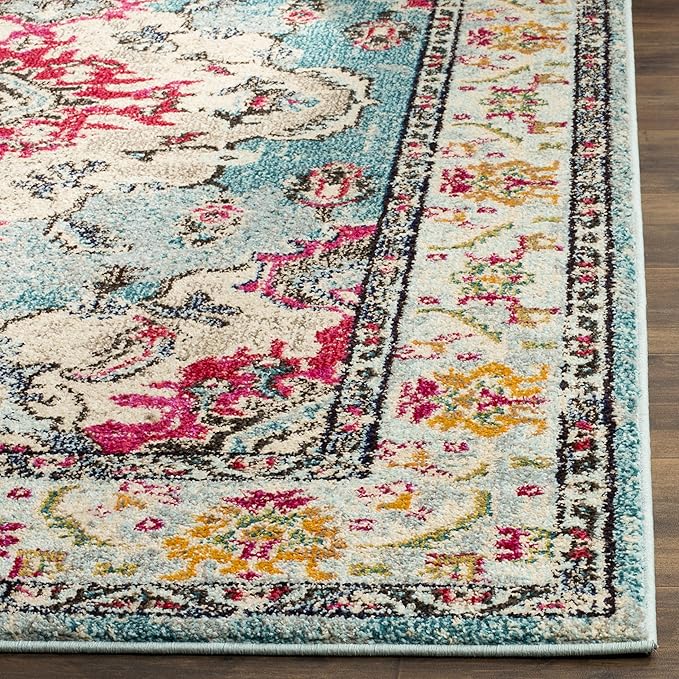 SAFAVIEH Monaco Collection Area Rug - 8' x 10', Light Blue & Fuchsia, Boho Chic Medallion Distressed Design, Non-Shedding & Easy Care, Ideal for High Traffic Areas in Living Room, Bedroom (MNC243J)