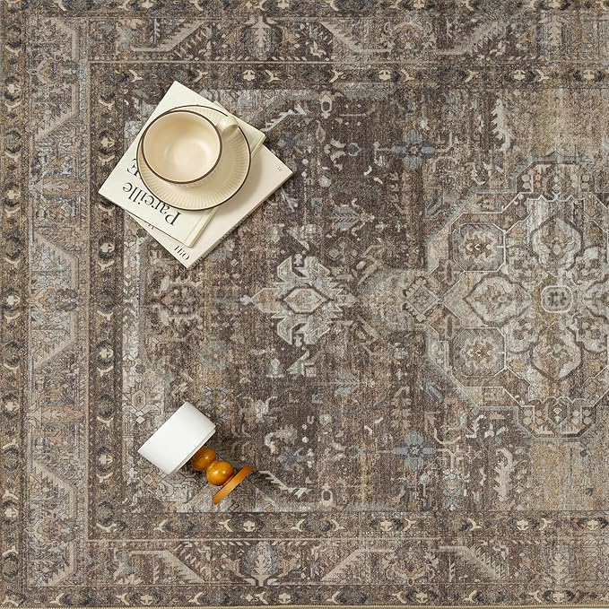 2x3 Brown Washable Vintage Area Rug for Living Room Bedroom Non Slip Distressed Traditional Soft Throw Rug Low Pile Lightweight Floral Doormat Entryway Dining Laundry Room Kitchen