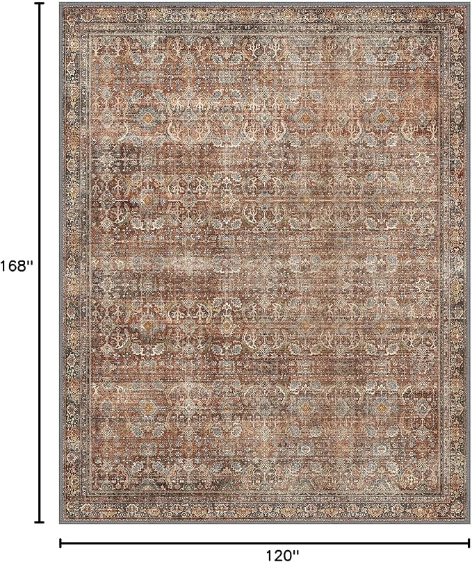 10x14 Area Rug Machine Washable Boho Rug for Living Room,Ultra-Thin Low Pile Carpet,Lightweight Indoor Printed Rug,Non Slip Floral Area Rug for Bedroom, Dining Room, Home Office,Terracotta/Indigo