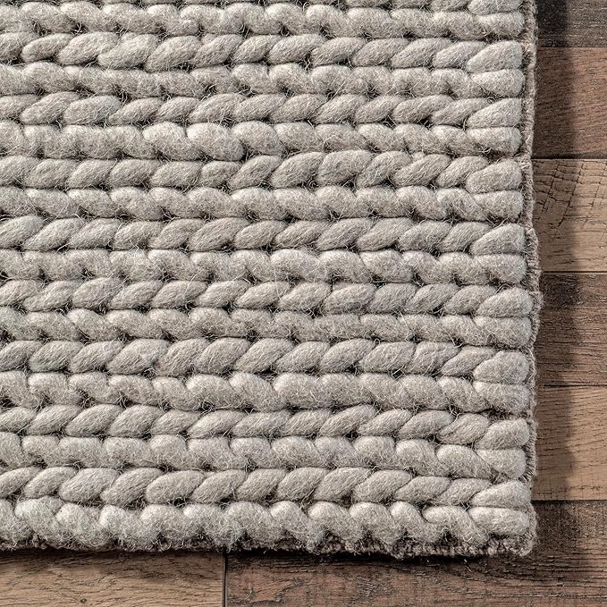 Nuloom Penelope Light Grey/Ivory, 3' x 5', Hand-Braided, Wool & Cotton, Textured and Dense, High Traffic, Stain Resistant, Easy Clean, Durable Area Rug for Bedroom, Living Room, Dining, Entryway