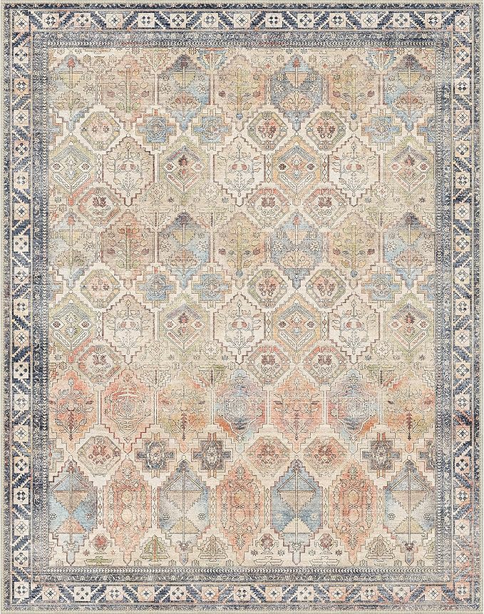 Bavni Washable Rug 5x7 Area Rug for Living Room Bedroom Dining, Washable Vintage Print Carpet, Ultra-Thin Low Pile Lightweight Rug with Non Slip Backing, Multi Beige
