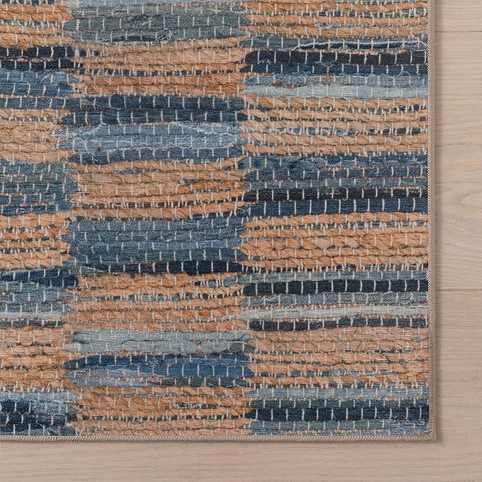 Dash & Albert Ravel Stripe Blue Machine Washable Rug, 7.5 X 9.5 Feet, Tan/Blue Stripe Pattern