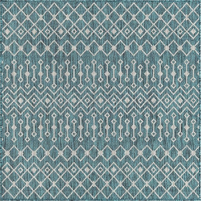 Unique Loom Outdoor Trellis Collection Area Rug - Tribal Trellis (5' 3" Square, Teal/ Ivory)