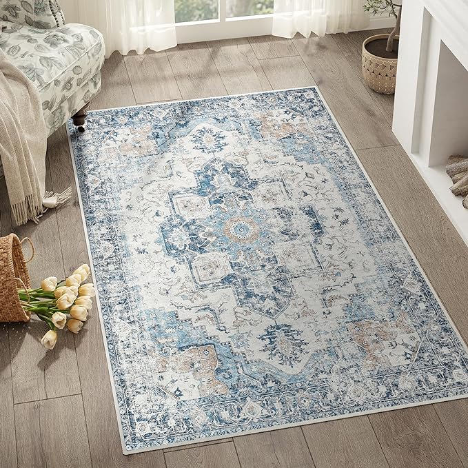 jinchan Kelda Area Rug 3x5 Washable Entryway Rug Vintage Indoor Doormat Distressed Thin Mat Lightweight Non-Slip Stain Resistant Low Pile Carpet for Kitchen Living Room Bedroom Dining Room Office Blue