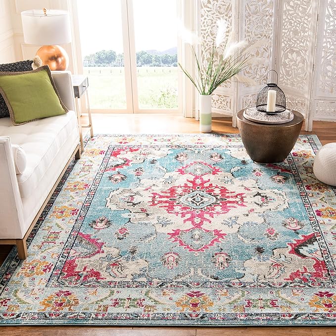 SAFAVIEH Monaco Collection Area Rug - 10' x 14', Light Blue & Fuchsia, Boho Chic Medallion Distressed Design, Non-Shedding & Easy Care, Ideal for High Traffic Areas in Living Room, Bedroom (MNC243J)