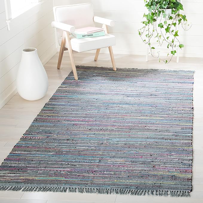 SAFAVIEH Rag Rug Collection Accent Rug - 4' x 6', Aqua & Multi, Handmade Boho Stripe Cotton, Ideal for High Traffic Areas in Entryway, Living Room, Bedroom (RAR121K)