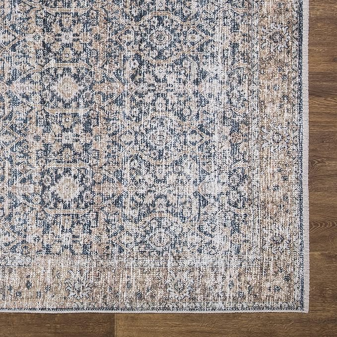 Bloom Rugs Caria Washable Non-Slip 12 ft Runner - Dark Blue/Tan Traditional Runner for Entryway, Hallway, Bathroom, and Kitchen - Exact Size: 2'6" x 12'