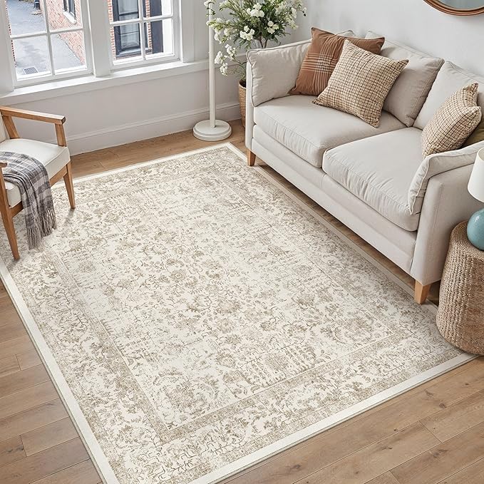 Light Brown Area Rug 4x5 Office Entryway Rug Machine Washable Kitchen Vintage Distressed Non Slip Carpet Indoor Retro Floral Accent Throw Door Mat for Bathroom Bedroom Dining Living Room