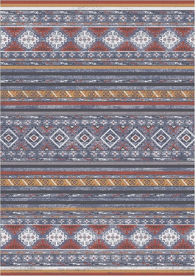 RUGSURE Washable Area Rugs 5' x 7' - 1/6 Thick - Moroccan-Inspired -Stain & Water Resistant Non-Slip - Resistant Rug for Living Room, Bedroom, Nursery, Pet & Child Friendly (Blue and Red)