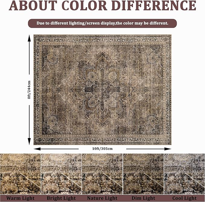 9x12 Area Rug Living Room Rugs, Stain Resistant Washable Rug, Vintage Large Non-Slip Backing, Low Pile Lightweight Print Rug for Bedroom Dinning Room Home Office (Brown1)
