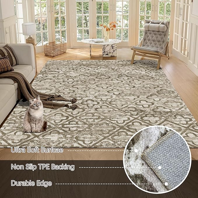 RUGSURE Washable Area Rugs, 3' x 5 ' - 1/6 Thick - Stain & Water Resistant Non-Slip - Perfect Resistant Rug for Living Room, Bedroom, Nursery, Pet & Child Friendly, Vibrant Colors Rugs, Brown