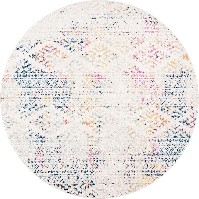 SAFAVIEH Tulum Collection Area Rug - 8' Round, Ivory & Blue, Moroccan Boho Tribal Design, Non-Shedding & Easy to Clean, Ideal for Living Room, Bedroom, Dining Space (TUL272C)