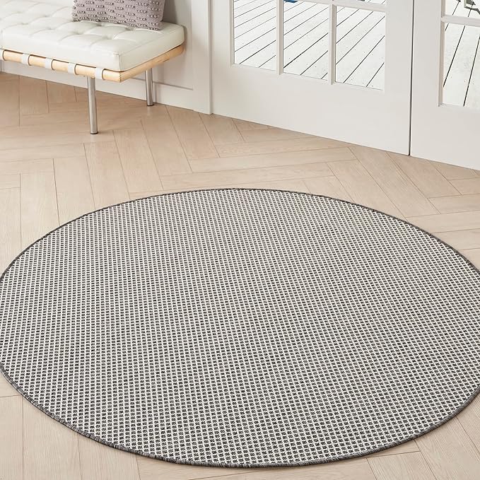 Nourison Home Courtyard Ivory Charcoal 5' x Round Area Rug - Easy Clean, Non Shedding, Bed Room, Living Room, Dining Room, Kitchen (5' x Round)