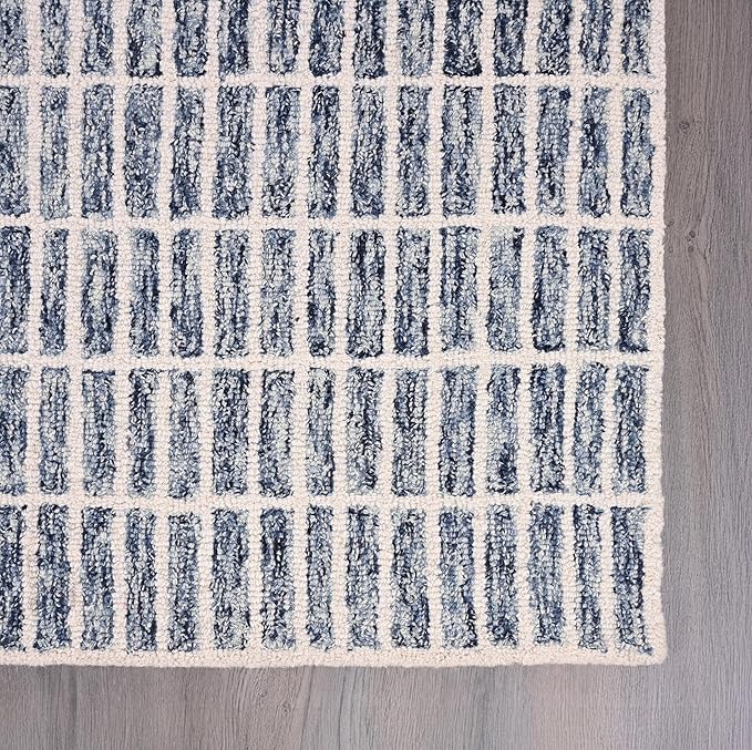 Hand-Tufted 100% Wool Area Rug – Unique Modern Geometric Grid Pattern, Soft Plush Textured Carpet for Living Room, Bedroom, Dining Room & Entryway (Denim Blue, 7' Round)