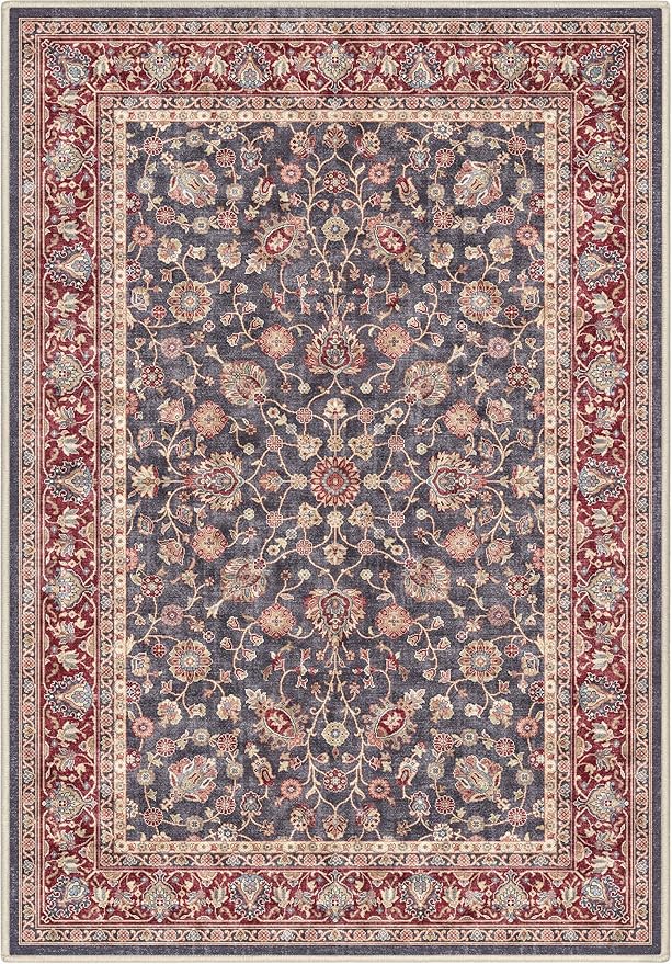 Well Woven Asha Rome Navy Blue Red 3'3" x 5' Area Rug - Oriental Floral Pattern, Easy Clean, Floor-Friendly Backing - for Living Room, Bedroom, and Dining Room