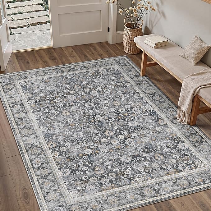 HUGEAR 5x7 Machine Washable Rugs Black Grey Hallway Area Rug Indoor Accent Rug Floral Low Pile Carpet Soft Throw Aesthetic Rug Bedroom Living Room Office Dining Room Kitchen Laundry Room Non Slip