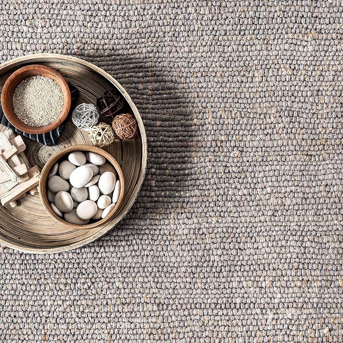 Nuloom Elfriede Handmade, Grey/Ivory, 6' Round, Jute & Cotton, Textured and Earthy, High Traffic, Stain Resistant, Easy Clean, Durable Area Rug for Bedroom, Living Room, Dining, Entryway