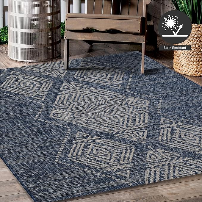 FH Home Outdoor Area Rug - Waterproof Easy to Clean Stain Resistant - Patio Indoor Outdoor Porch Deck Balcony Entryway - Boho Moroccan - Ariana - Blue - 7ft 10in x 10ft 9in