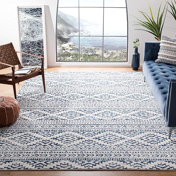 SAFAVIEH Tulum Collection Area Rug - 10' Square, Ivory & Navy, Moroccan Boho Tribal Design, Non-Shedding & Easy to Clean, Ideal for Living Room, Bedroom, Dining Space (TUL272D)