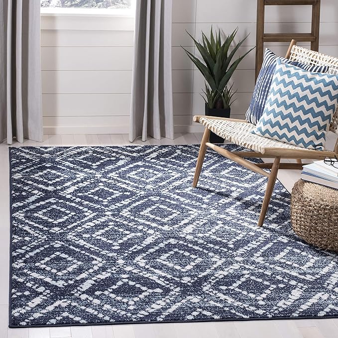 SAFAVIEH Adirondack Collection Area Rug - 5'1" x 7'6", Navy & Ivory, Modern Diamond Distressed Design, Non-Shedding & Easy Care, Ideal for High Traffic Areas in Living Room, Bedroom (ADR131N)